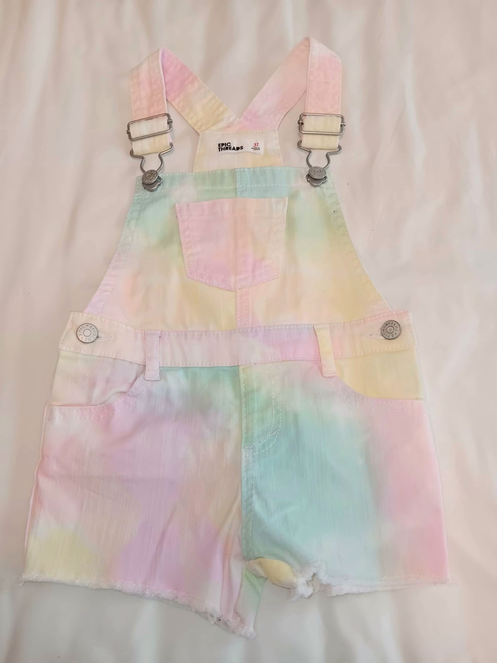 Epic Threads Pastel Tie-Dye Short Overalls - Pink, Yellow, Green, Blue